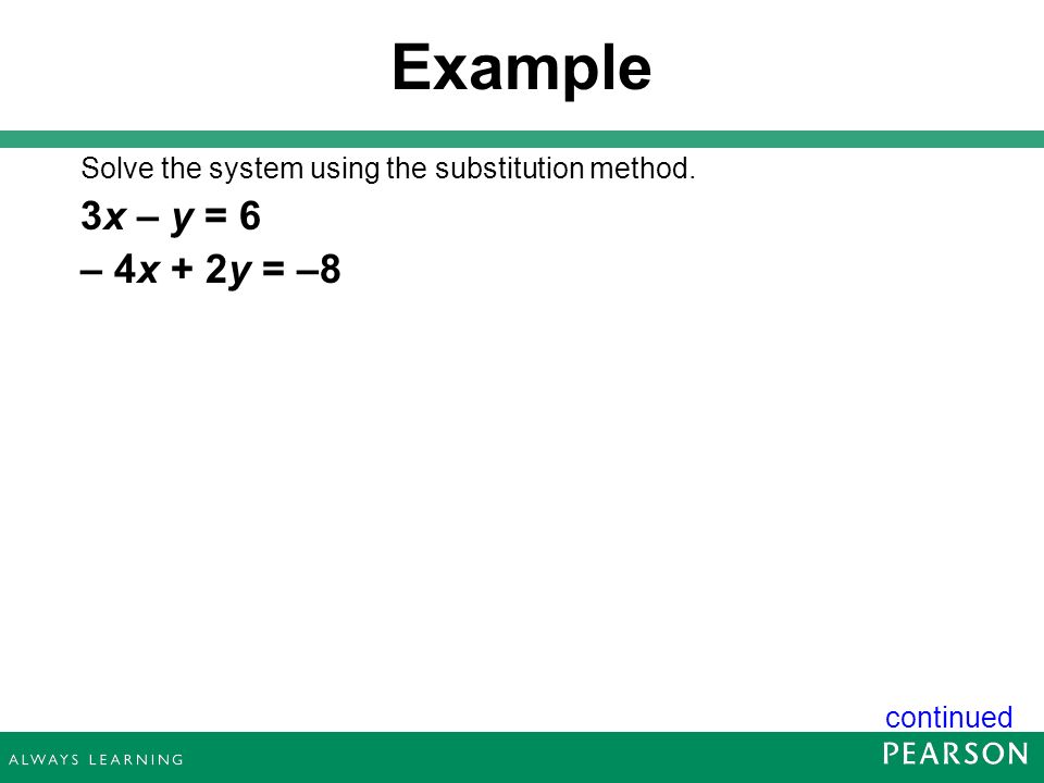 Example Solve the system using the substitution method. 3x – y = 6 – 4x + 2y = –8 continued 15
