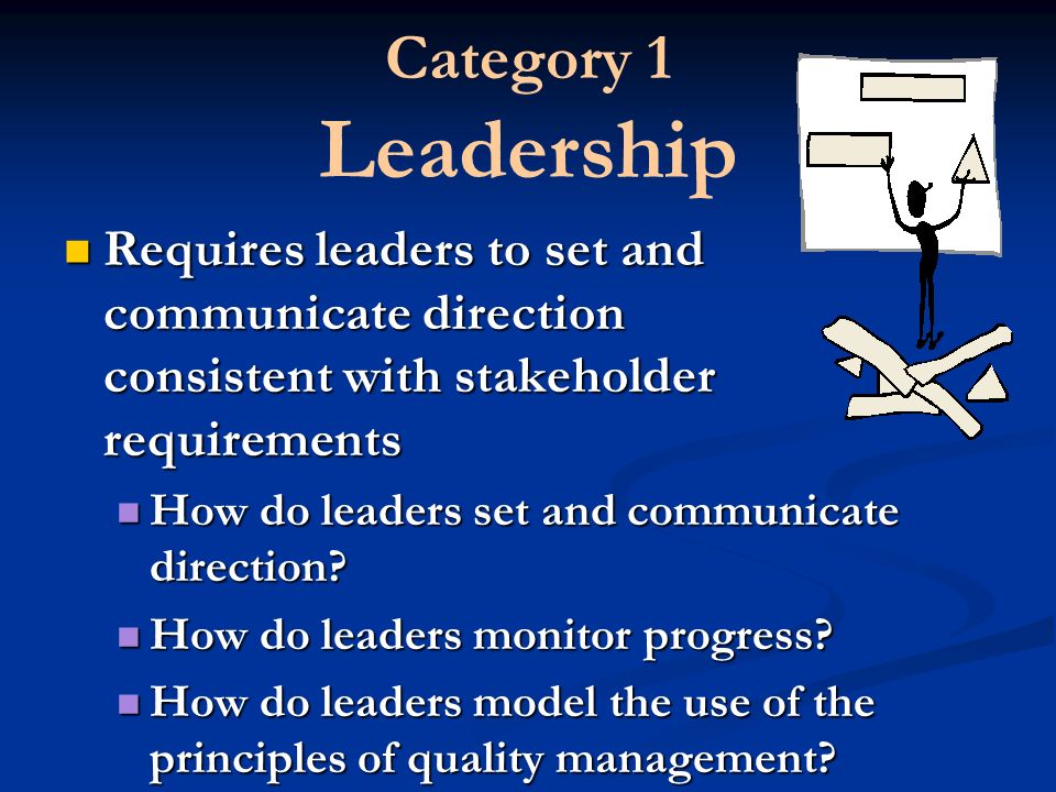 Category 1 Leadership Requires leaders to set and communicate direction consistent with stakeholder requirements.