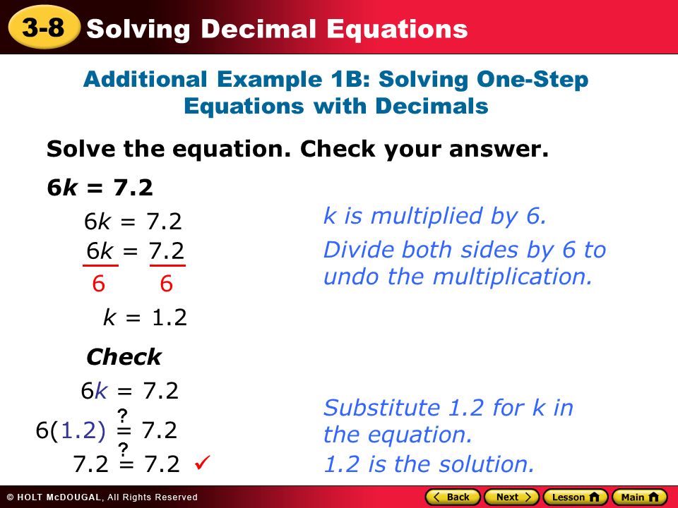 Additional Example 1B: Solving One-Step Equations with Decimals
