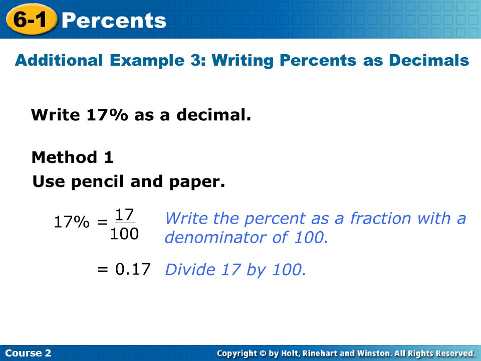 Additional Example 3: Writing Percents as Decimals
