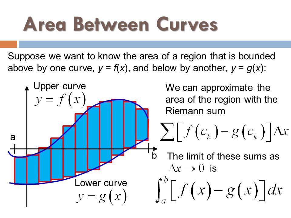 Area Between Curves Suppose we want to know the area of a region that is bounded. above by one curve, y = f(x), and below by another, y = g(x):