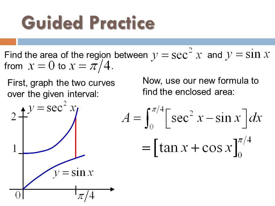 Guided Practice Find the area of the region between and from to .