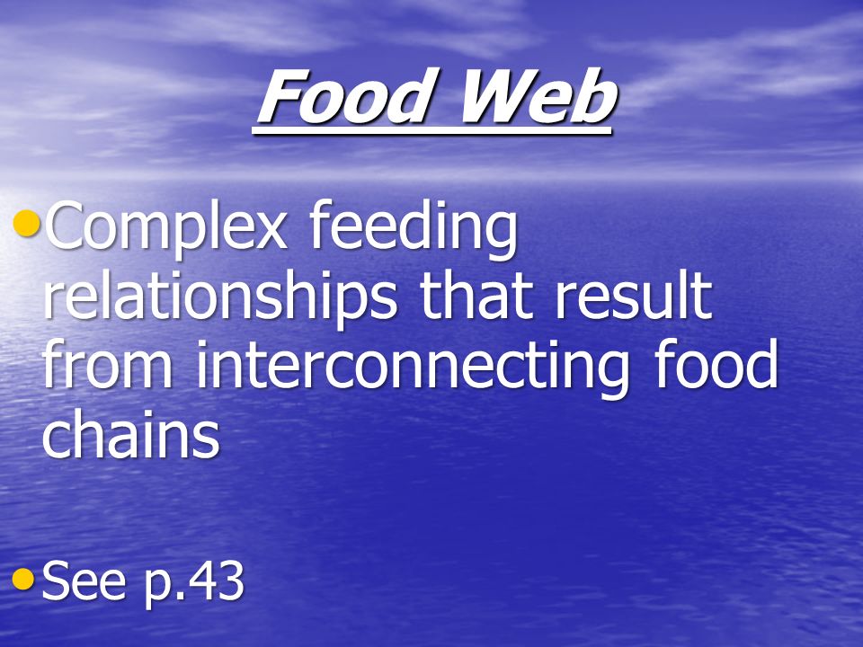 Food Web Complex feeding relationships that result from interconnecting food chains See p.43