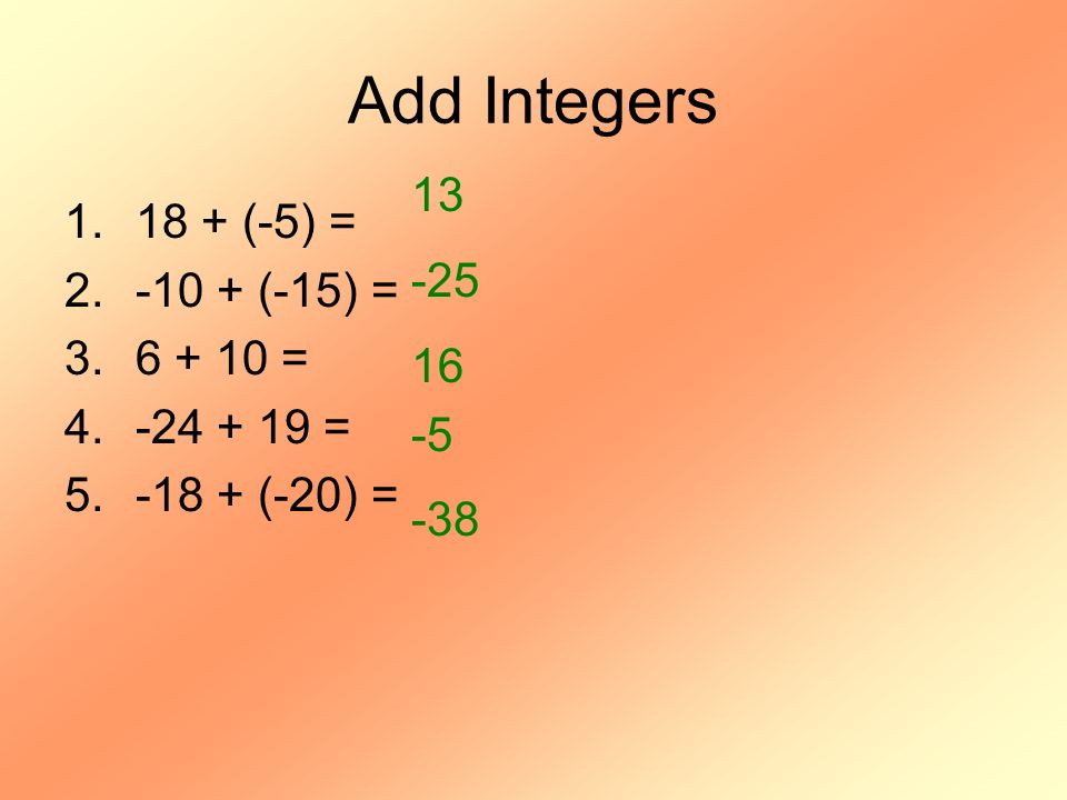 Add Integers (-5) = (-15) = = -5