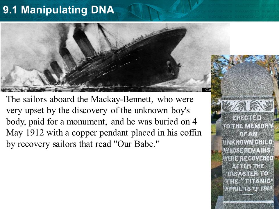 The sailors aboard the Mackay-Bennett, who were very upset by the discovery of the unknown boy s body, paid for a monument, and he was buried on 4 May 1912 with a copper pendant placed in his coffin by recovery sailors that read Our Babe.