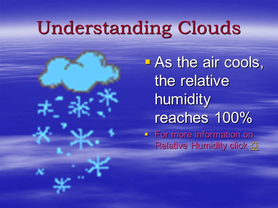 Understanding Clouds As the air cools, the relative humidity reaches 100% For more information on Relative Humidity click ☼