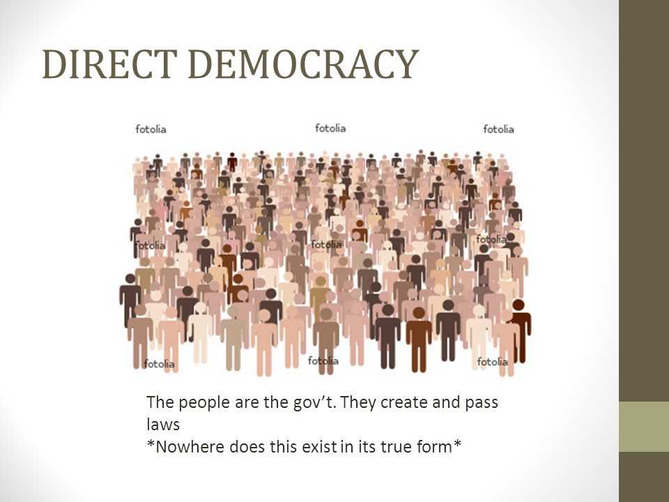 DIRECT DEMOCRACY The people are the gov’t. They create and pass laws