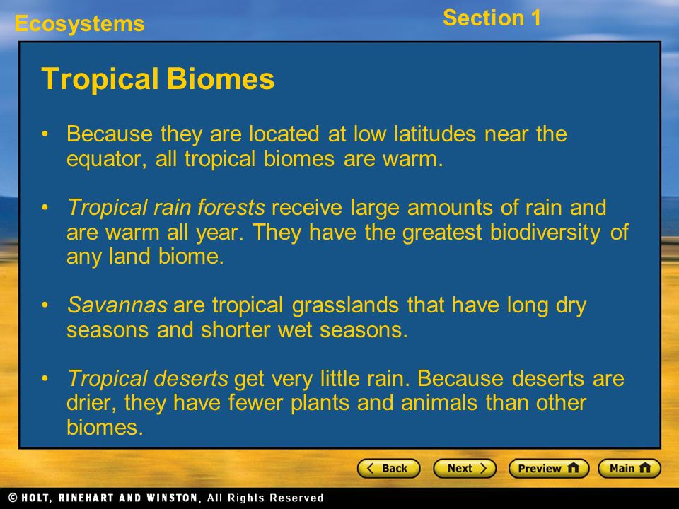Tropical Biomes Because they are located at low latitudes near the equator, all tropical biomes are warm.