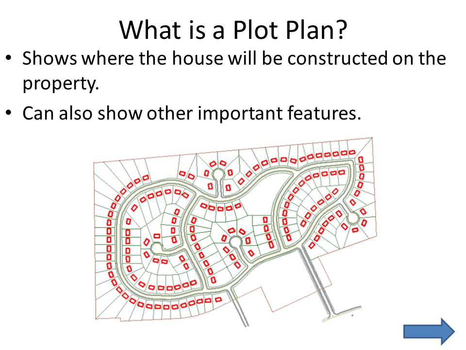 What is a Plot Plan. Shows where the house will be constructed on the property.