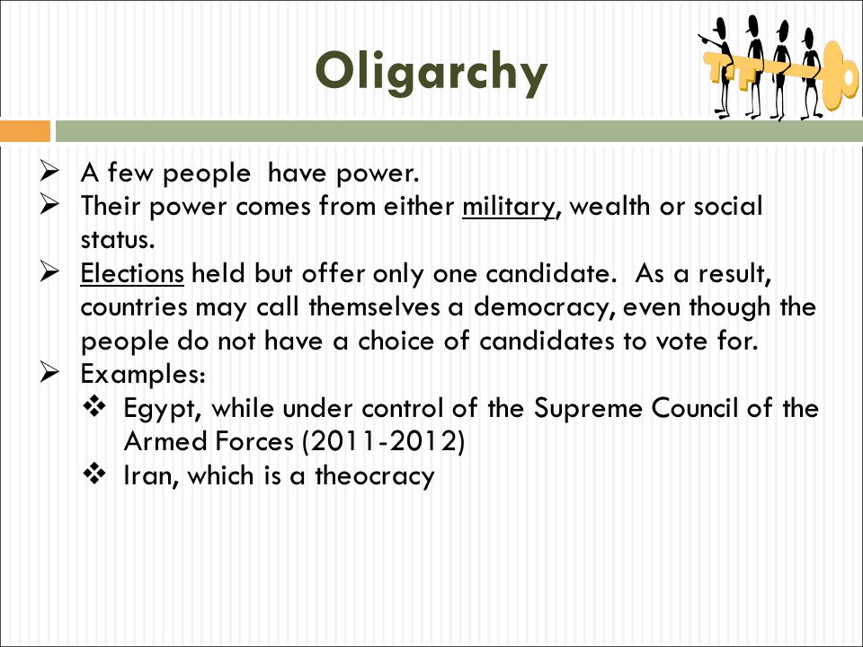 Oligarchy A few people have power.