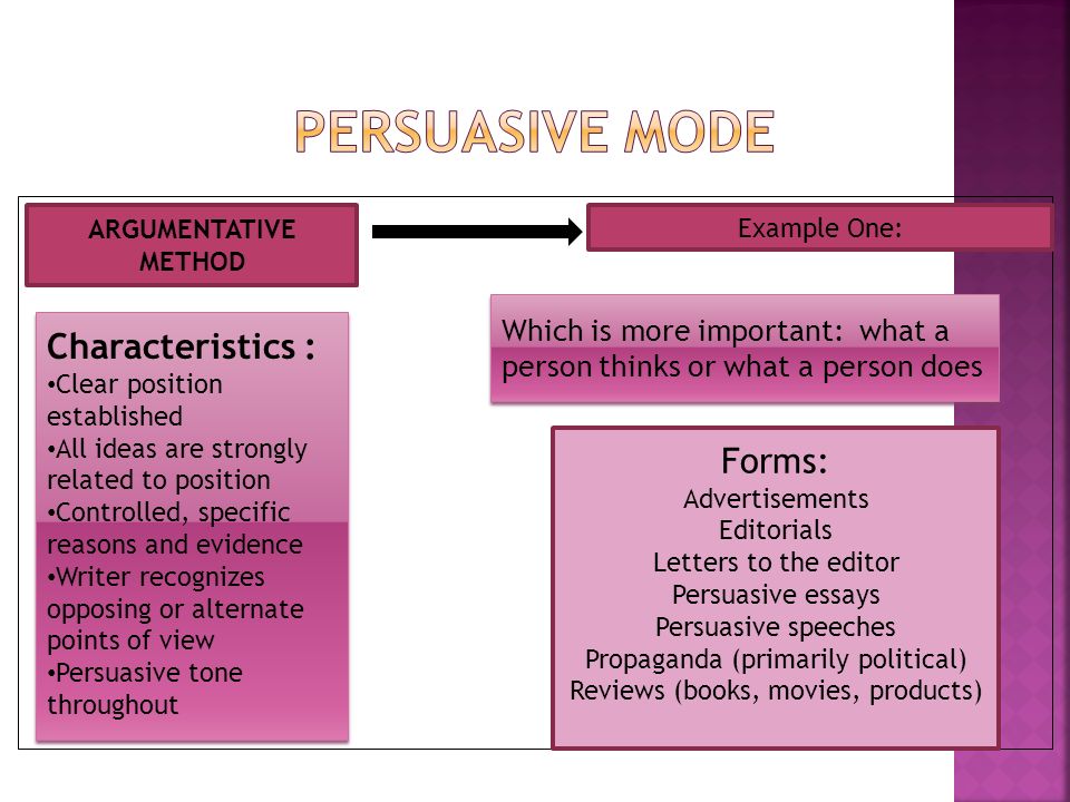 Persuasive MODE Characteristics : Forms: