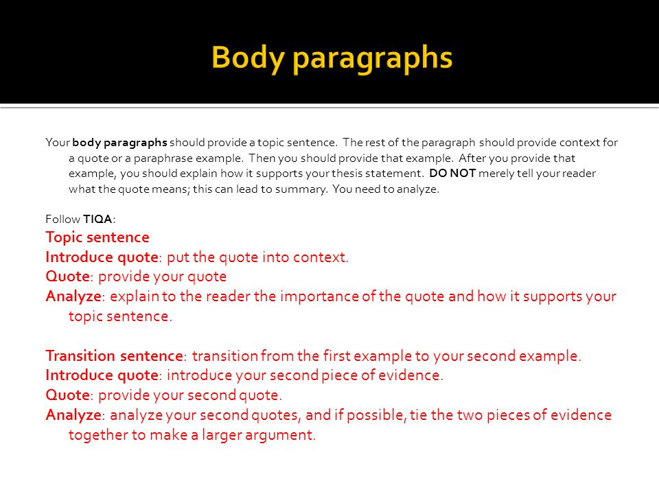 Body paragraphs Topic sentence