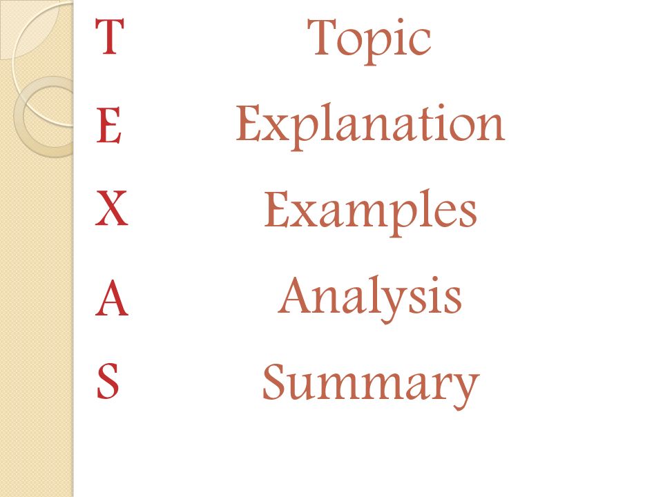 T Topic Explanation Examples Analysis Summary E X A S