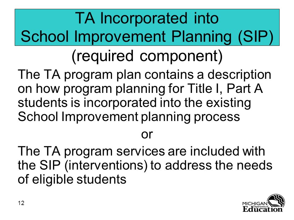 TA Incorporated into School Improvement Planning (SIP)