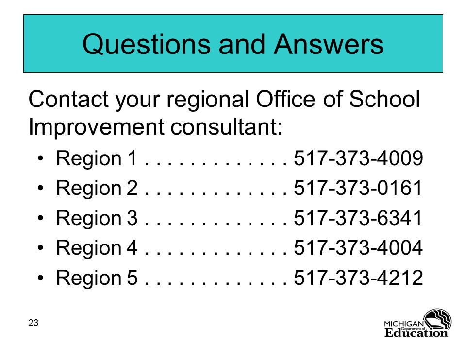 Questions and Answers Contact your regional Office of School Improvement consultant: Region