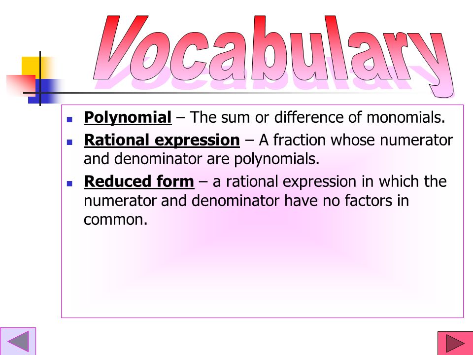 Vocabulary Polynomial – The sum or difference of monomials.