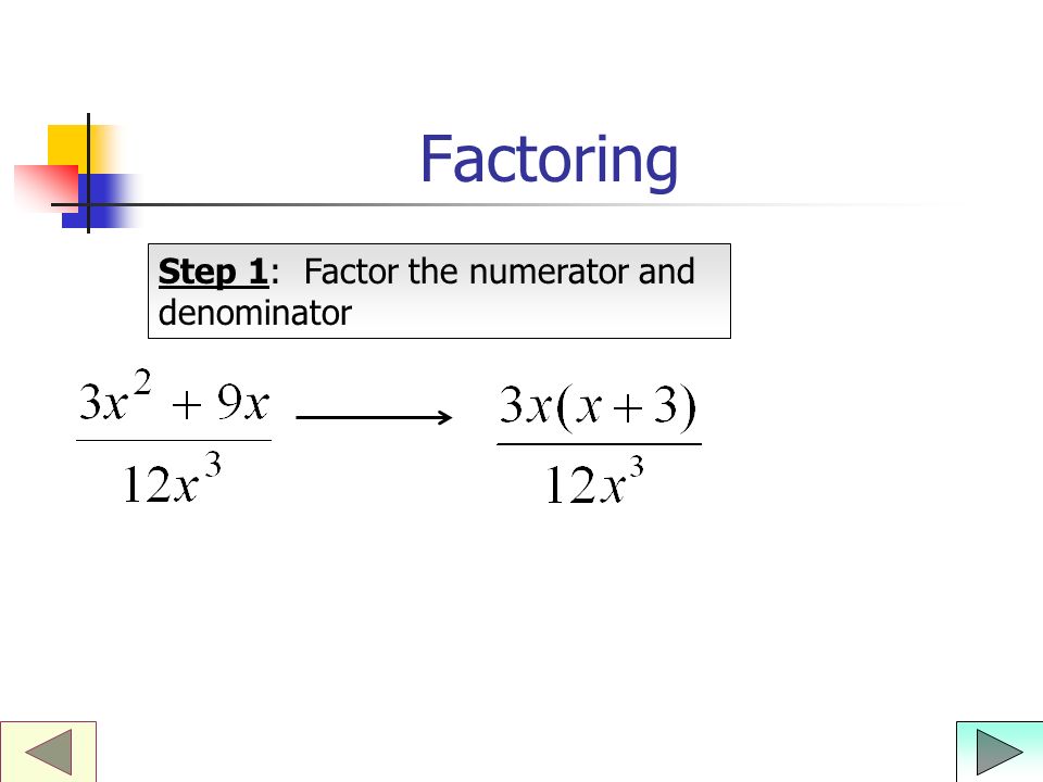 Factoring Step 1: Factor the numerator and denominator