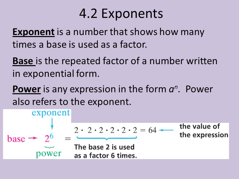 4.2 Exponents Exponent is a number that shows how many times a base is used as a factor.