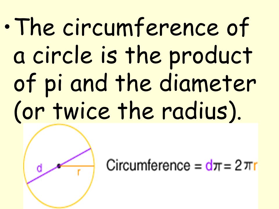 The circumference of a circle is the product of pi and the diameter (or twice the radius).