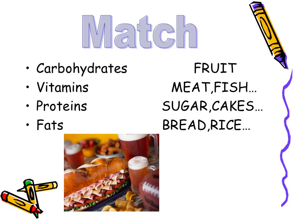 Match Carbohydrates FRUIT Vitamins MEAT,FISH… Proteins SUGAR,CAKES…
