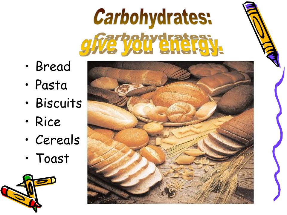 Carbohydrates: give you energy. Bread Pasta Biscuits Rice Cereals