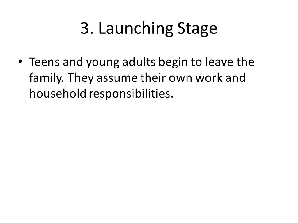 3. Launching Stage Teens and young adults begin to leave the family.