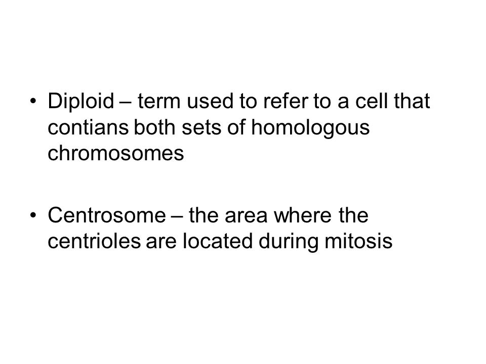Diploid – term used to refer to a cell that contians both sets of homologous chromosomes