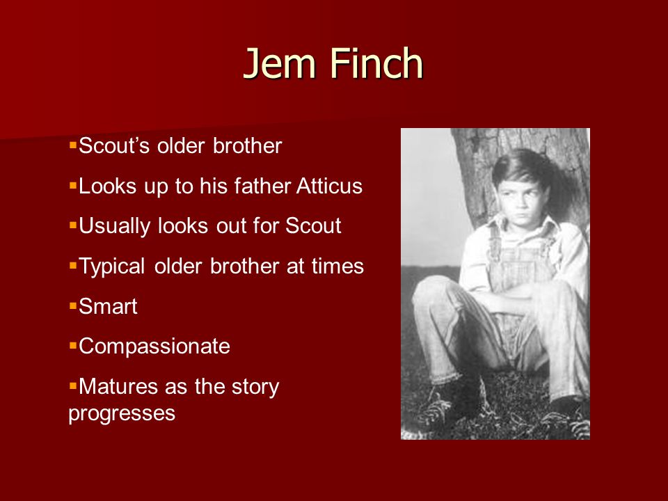 Jem Finch Scout’s older brother Looks up to his father Atticus