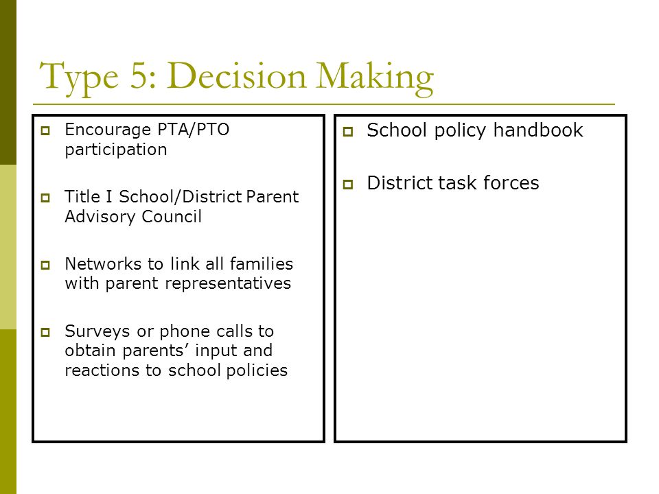 Type 5: Decision Making School policy handbook District task forces