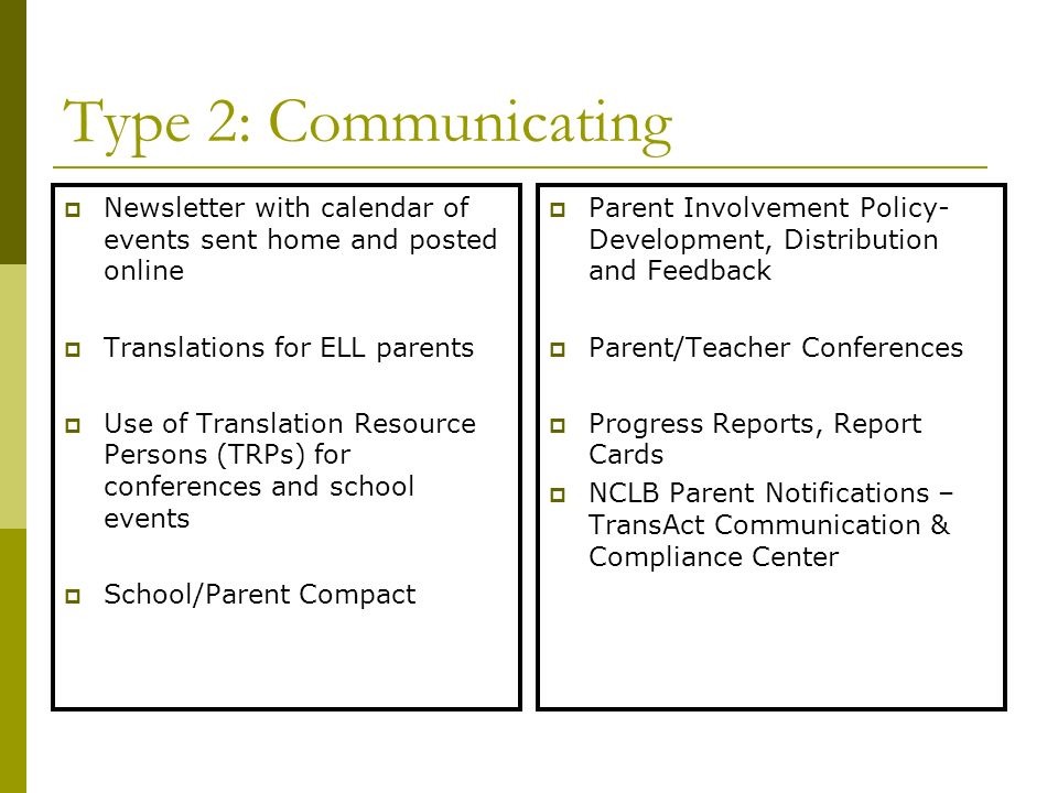 Type 2: Communicating Newsletter with calendar of events sent home and posted online. Translations for ELL parents.