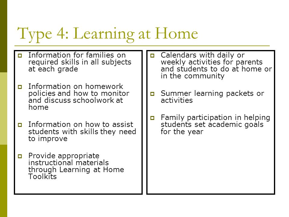 Type 4: Learning at Home Information for families on required skills in all subjects at each grade.