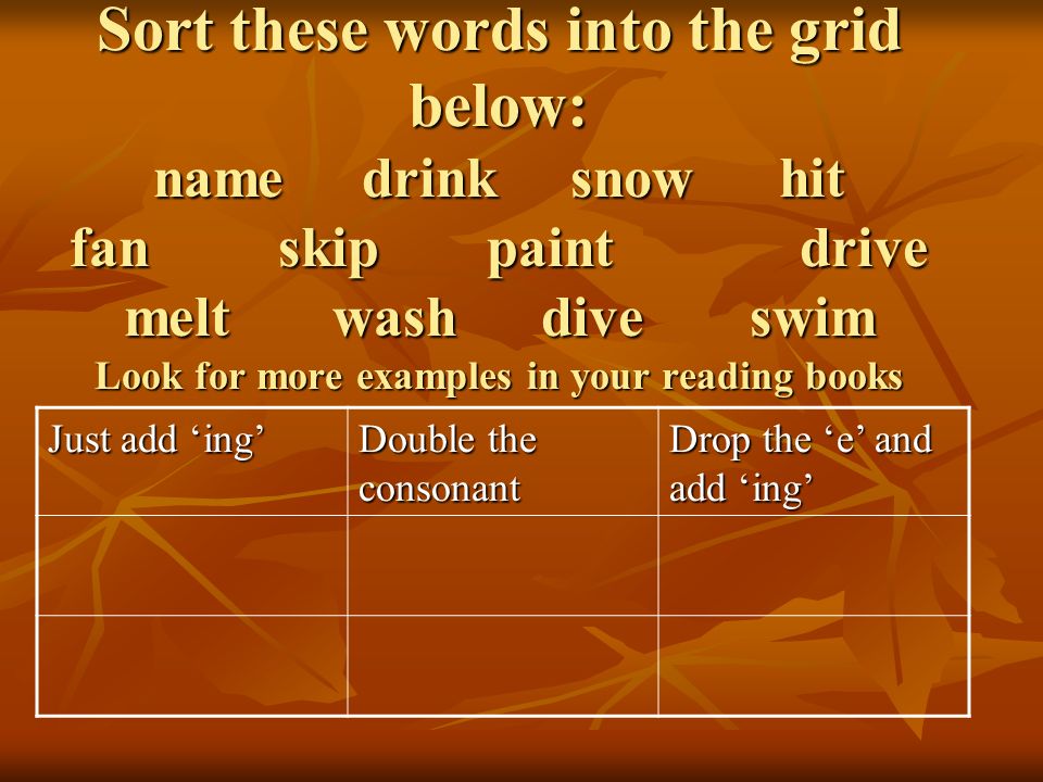 Sort these words into the grid below: name. drink. snow. hit fan. skip
