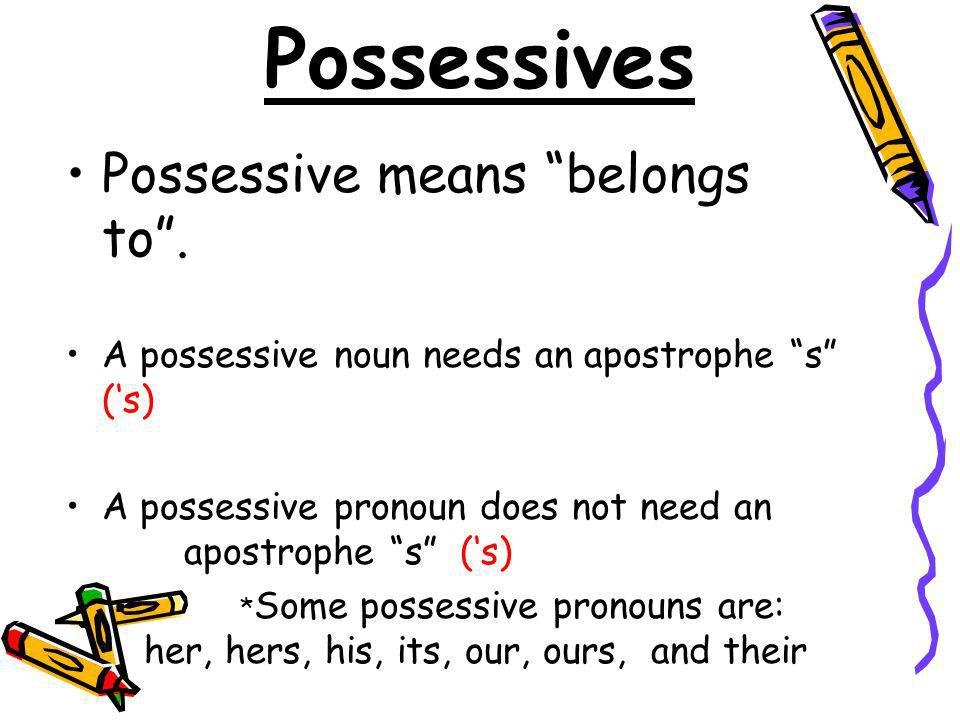 Possessives Possessive means belongs to .