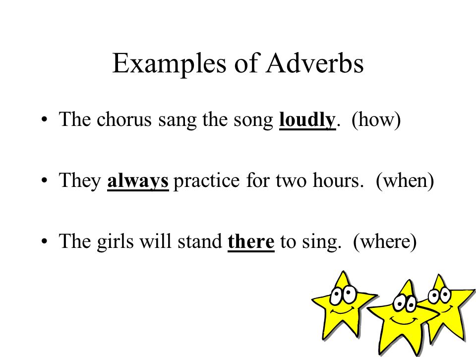 Examples of Adverbs The chorus sang the song loudly. (how)