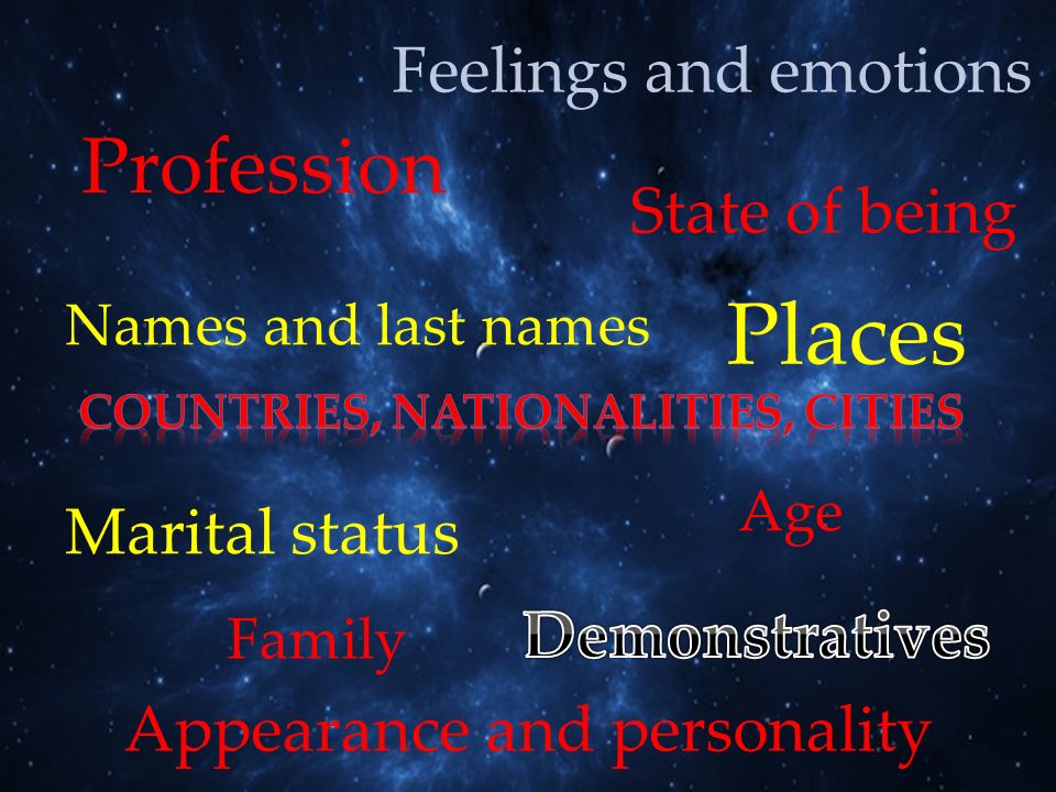 Places Profession Feelings and emotions State of being Marital status