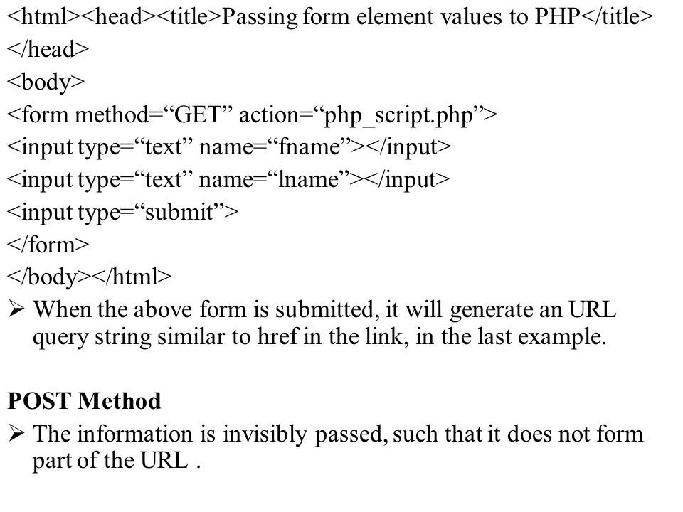 <html><head><title>Passing form element values to PHP</title>