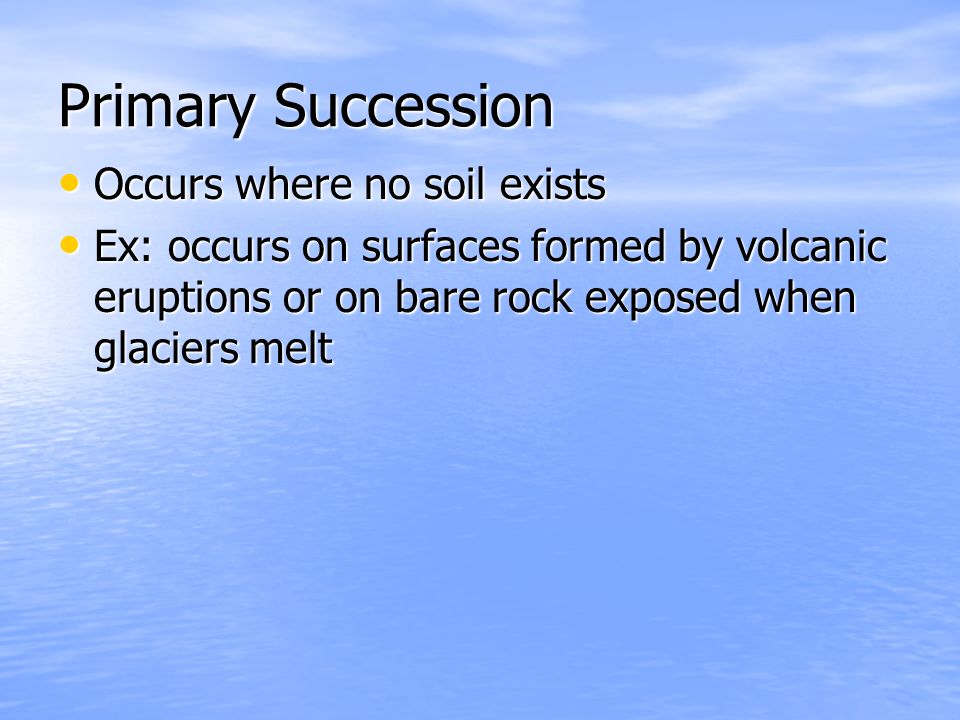 Primary Succession Occurs where no soil exists