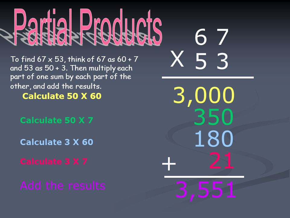 6 7 X 5 3 3, ,551 Partial Products Add the results