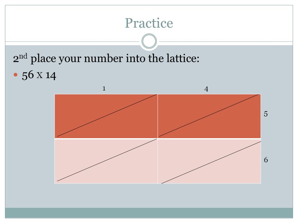 Practice 2nd place your number into the lattice: 56 X