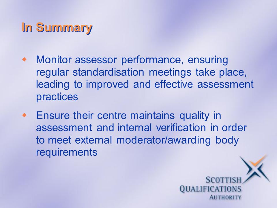In Summary Monitor assessor performance, ensuring regular standardisation meetings take place, leading to improved and effective assessment practices.