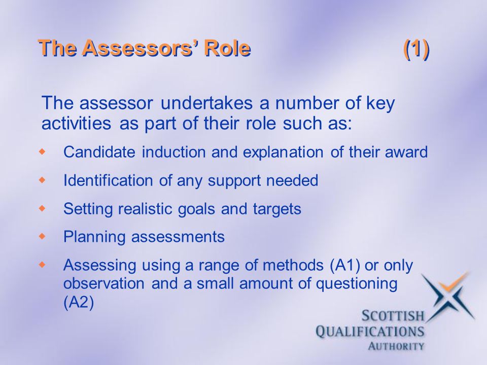 The Assessors’ Role (1) The assessor undertakes a number of key activities as part of their role such as: