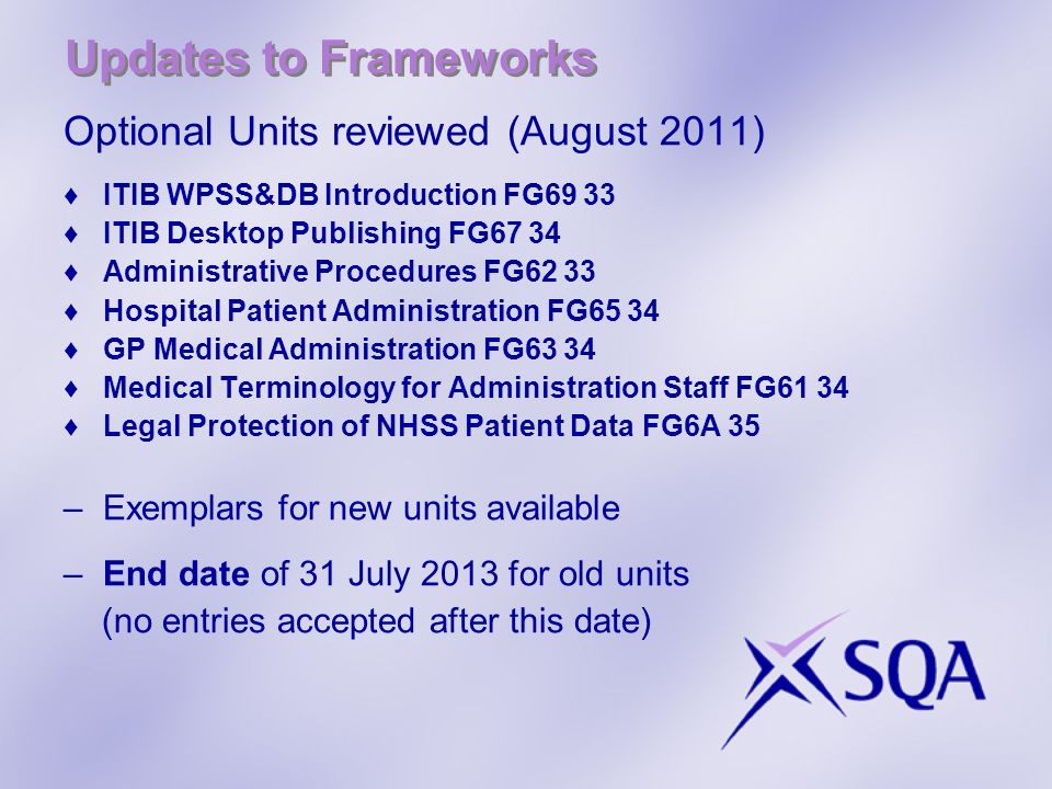 Updates to Frameworks Optional Units reviewed (August 2011)