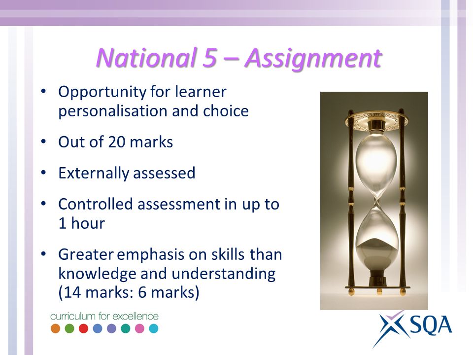National 5 – Assignment Opportunity for learner personalisation and choice. Out of 20 marks. Externally assessed.