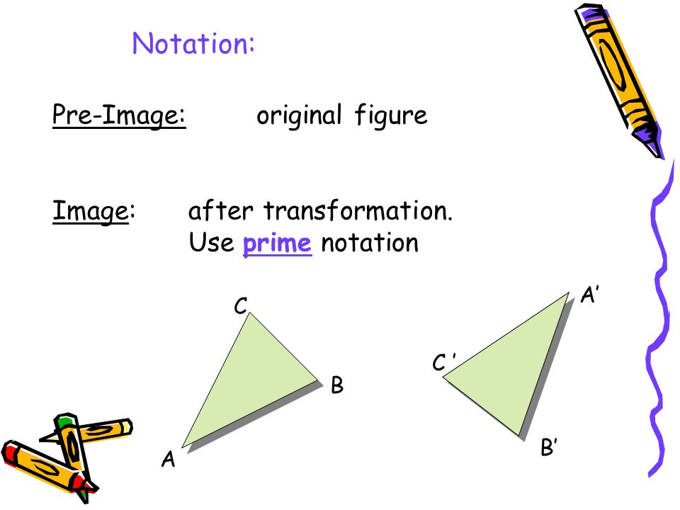 Notation: Pre-Image: original figure Image: after transformation. Use prime notation. A’ C.