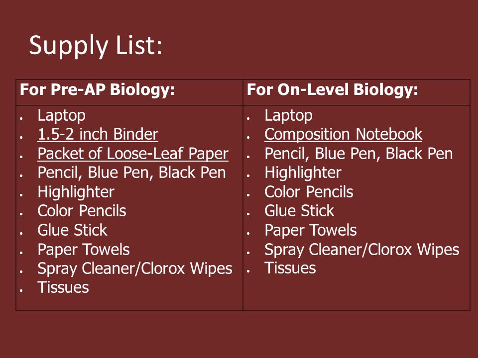 Supply List: For Pre-AP Biology: For On-Level Biology: Laptop