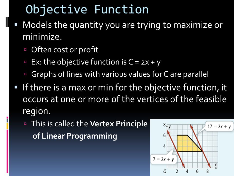 Objective Function Models the quantity you are trying to maximize or minimize. Often cost or profit.