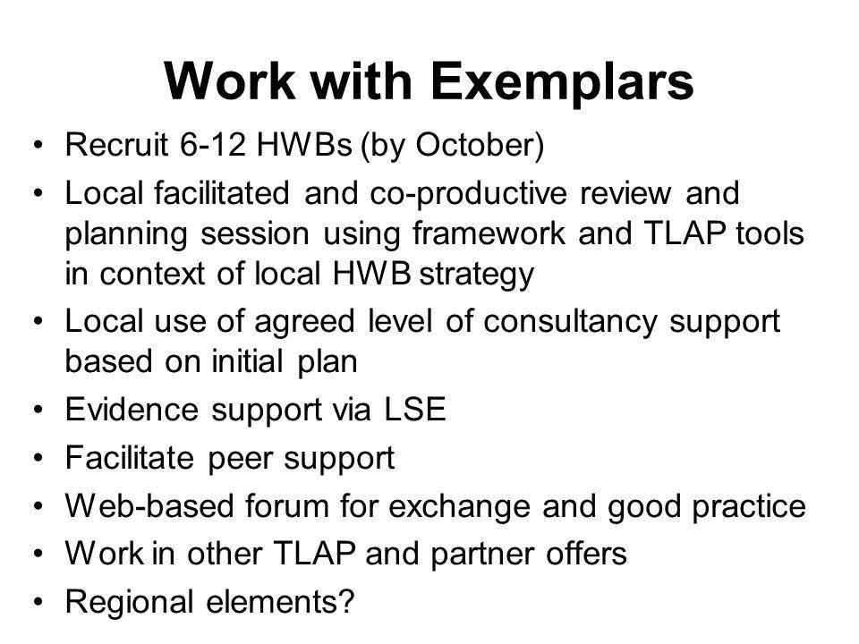Work with Exemplars Recruit 6-12 HWBs (by October)