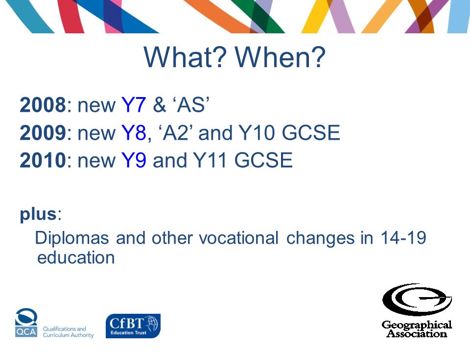 What When 2008: new Y7 & ‘AS’ 2009: new Y8, ‘A2’ and Y10 GCSE