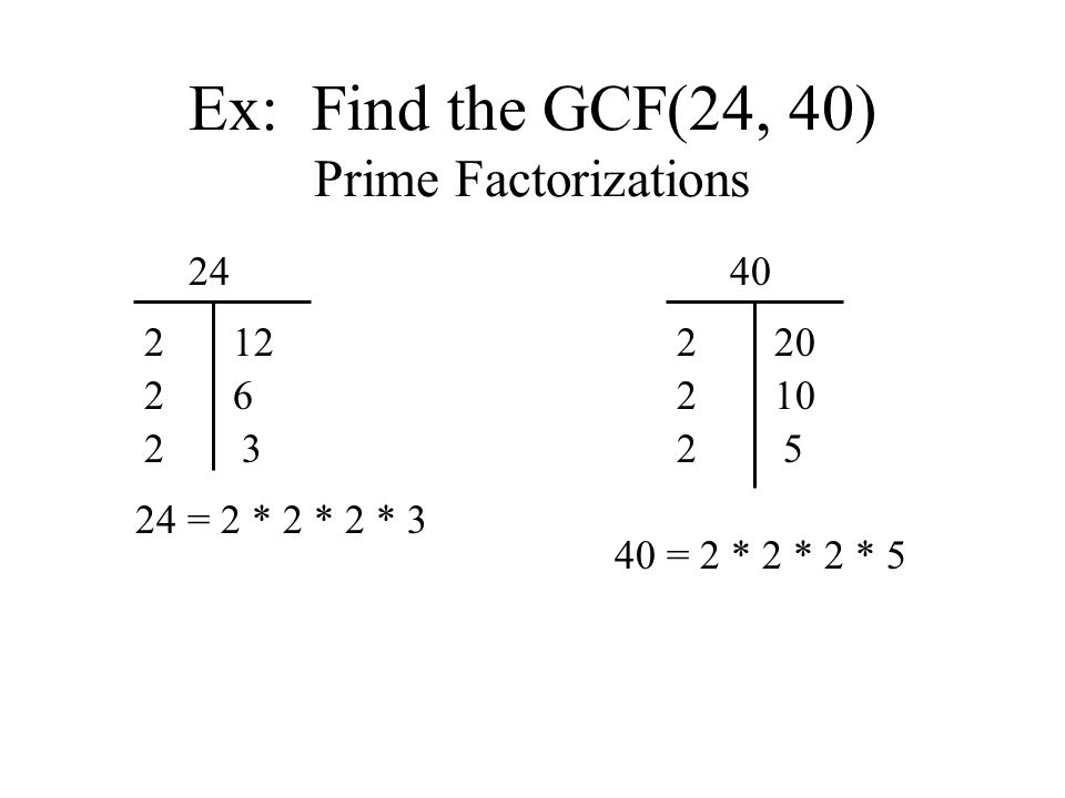 Ex: Find the GCF(24, 40) Prime Factorizations
