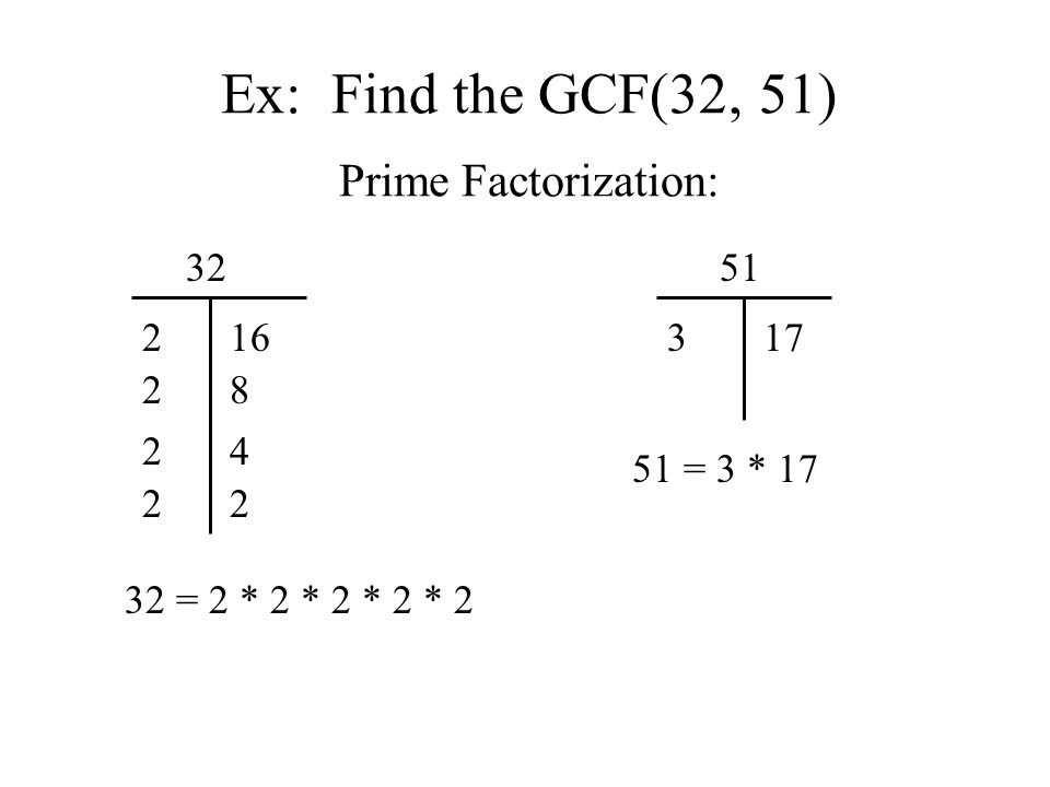 Ex: Find the GCF(32, 51) Prime Factorization: